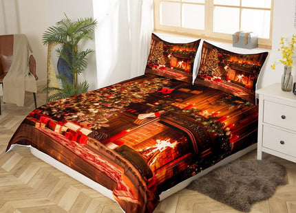Xmas Duvet Cover Set Queen Size,Christmas Fireplace Christmas Tree Bedding Set Kids Boys Girls Room Decor,Merry Christmas Comforter Cover 3Pcs,Pine Tree Bedspreads Cover,2 Pillowcases(NO Comforter)