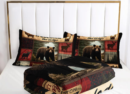 AILONEN Rustic Bear Comforter Set Queen Size,Cabin Plaid Bear & Deer Hunting Bedding Set 3 Pieces,Wildlife Woodland Themed Duvet with 2 Pillowcases