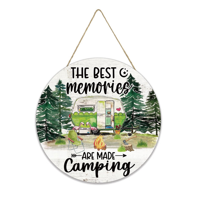 Smile Camping Memories Wooden Round Door Hanger, Camper RV Pine Tree Campfire Door Sign for Patio Porch Cabin Outdoor Home Decorations