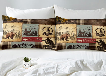 Erosebridal Rustic Patchwork Sheet Set Queen Size, Hunting Deer Bear Bed Sheets Set with Footprint, Geometric Wildlife Motion Grid Sheets for Boys Adults Wildlife Printed Bed Set Bedroom Decor