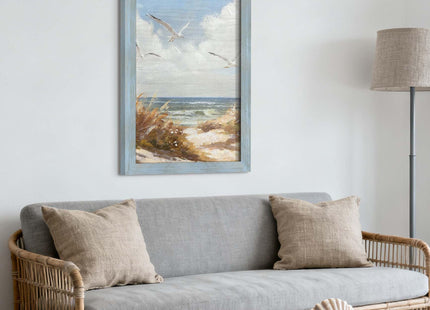 Framed Coastal Sea Bird Painting: Blue Wooden Ocean Scene Artwork Seagull Beach Picture Print Modern Bedroom Bathroom Living Room Wall Decoration Home Office Decor 36 x 24 Inch