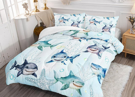 XYNHML Boys Blue Ocean Shark Comforter Set Full Size Shark Starfish Bedding Sets Seaweed Quilt Bed Set for Kid Girls with 1 Comforter and 2 Pillowcases
