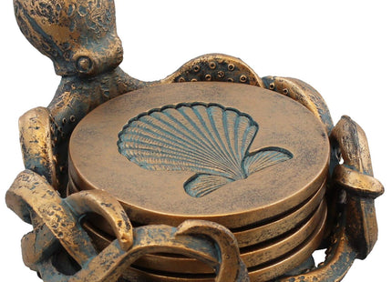 Octopus Coaster Set - Nautical Ocean Beach Sea Shell Coastal Decor - Bronze/Verdigris Finish