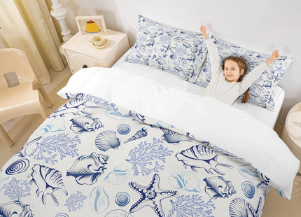 Coastal Duvet Cover Set Full Size,Beach Seashell Starfish Coral Bedding Set 3Pcs,Sea Ocean Theme Comforter Cover for Kids Teens Adult Bedroom Decor,Navy Sketch Nautical Quilt Cover,2 Pillowcases