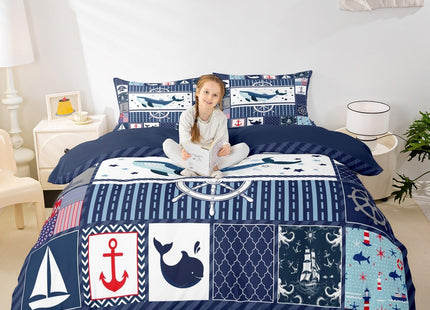 Homewish Sea Whale Duvet Cover Twin Size,Nautical Anchor Ship Rudder Plaid Comforter Cover Set for Kids Boys Girls,Navy Blue Ocean Geometric Bedding Quilt Cover Set Bedroom Decor, 2 Pieces