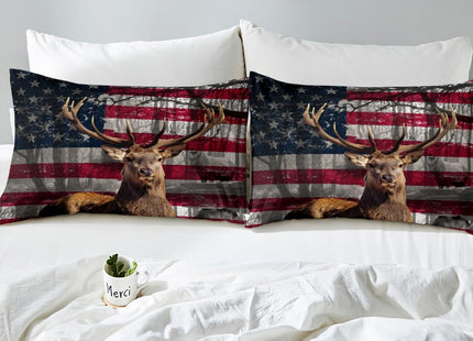 3D Deer Duvet Cover Set Twin Size American Flag Bedding Set 2pcs for Kids Boys Teens Room Decor, Wildlife Animal Elk Print Comforter Cover Stars and Stripes Quilt Cover with 1 Pillowcase,No Comforter