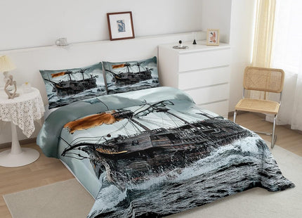 Sailboat Bedding Set Nautical Down Comforter Sailing Ship Comforter Set for Kids Boys Girls Wooden Boat Pirate Yacht Adventure Theme Quilt Set Bedroom Decor with 1 Comforter and 2 Pillow Cases Queen