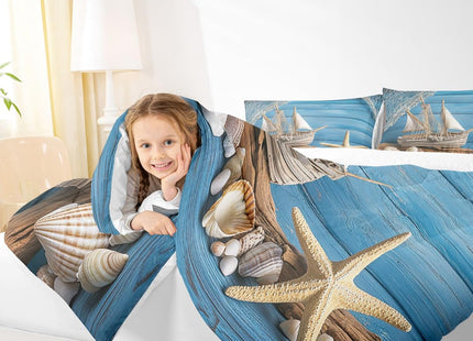 Erosebridal Kids Nautical Comforter Full Fishing Bedding Set, Rustic Farmhouse Coastal Lodge Cabin Duvet Insert, Sailboat Starfish Conch Quilted With 2 Pillowcases