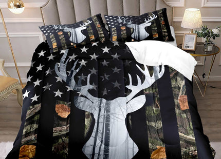 LUVIVIHOME 3PCS Deer Hunting Comforter Set Queen Size, Camo Bed Set Patriotic Black American Flag Bedding, Forest Animal Wildlife Country Lodge Rustic Farmhouse Cabin Camouflage Quilt, 2 Pillow Shams
