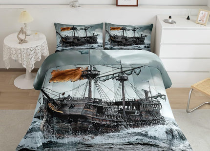 Sailboat Bedding Set Nautical Down Comforter Sailing Ship Comforter Set for Kids Boys Girls Wooden Boat Pirate Yacht Adventure Theme Quilt Set Bedroom Decor with 1 Comforter and 2 Pillow Cases Queen