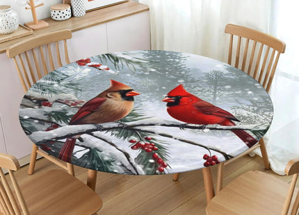 Christmas Red Bird Round Fitted Tablecloth with Elastic Edge,Water-Resistant Wipeable Winter Xmas Cardinal Bird Berry Table Cover for 40-44" Stretch Table Cloth for Dinner Indoor Outdoor Party