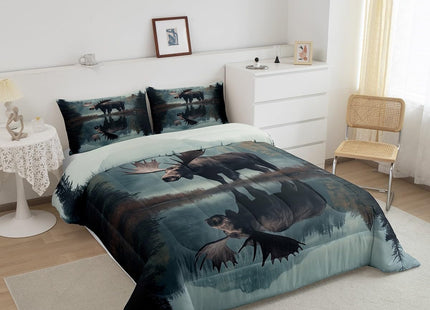 Castle Fairy Lodge Cabin Bedding Sets Twin Size 2 Pcs 3D Moose Jungle Wild Animal Comforter Set for Kids Teens Adults Natural Pine Trees Scenery Rustic Style Comforter Duvet Set with 1 Pillowcase