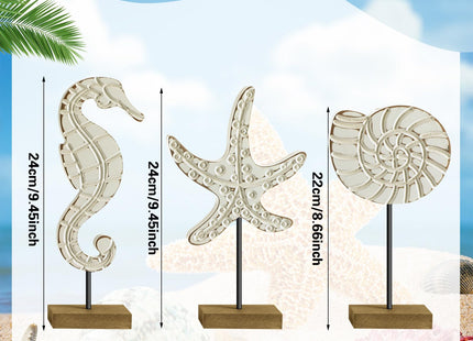 Leinuosen 3 Pcs Wooden Beach Ocean Table Decor White Neutral Coastal Table Centerpiece Rustic Decorative Wood Nautical Figurines Sea Life Starfish Conch Seahorse Statue for Ocean Beach Home Decor