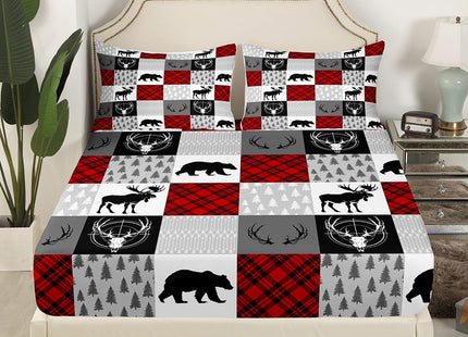 Plaid Deer Bear Bed Sheet Set Twin Size,Wild Animal Arrow Hunting Antler Patchwork Fitted Sheet with 1 Flat + 1 Pillow Sham,Rustic Red Buffalo Grid Bedding Set for Kids Boys Bedroom Decor