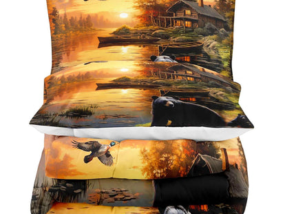 LUVIVIHOME 3PCS Black Bear Comforter Set Full Size, Rustic Cabin Bedding, Forest Animals Mallard Duck Wildlife Hunting Hunter Country Lodge Farmhouse Bedroom Decor, Microfiber Quilt, 2 Pillow Shams