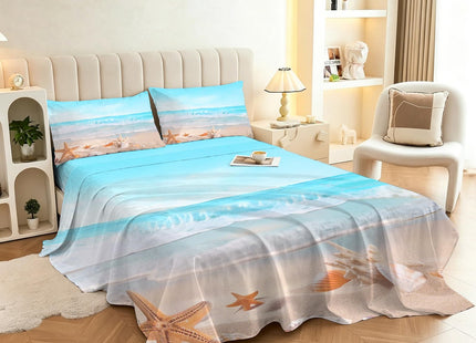 FUYEUN Beach Sheet Set Twin, Ocean Wave Starfish Bedding for Women Girls