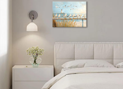 Olivine Beach Wall Art, Coastal Seagull Lighthouse Pictures Wall Decor, Nautical Canvas Prints Painting, Framed Artwork for Living Room Bathroom Bedroom Office Home Decoration 16''x12''