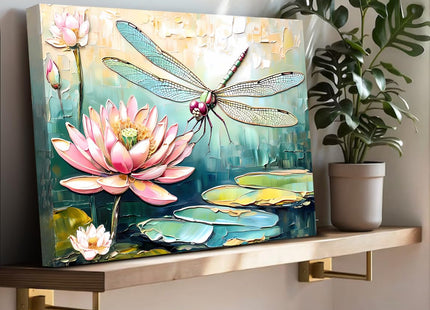 Framed Dragonfly Wall Art,Dragonfly Lotus Floral Oil Painting Wall Art