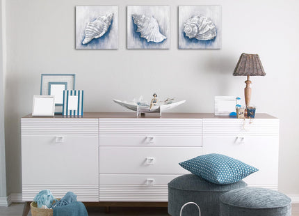 LevvArts Seashells Canvas Wall Art Ocean Conch Shell Pictures Painting Modern Coastal Nautical Artwork Blue and Grey Bathroom Decor (Blue)