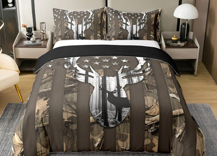 American Flag Stars Stripes Duvet Cover Set 100% Natural Cotton,Camo Hunting Deer Animal Camping Comforter Cover Set Twin with 1 Pillowcase,Brown Camo Grey Antlers Leaves Bedding Comforter Cover