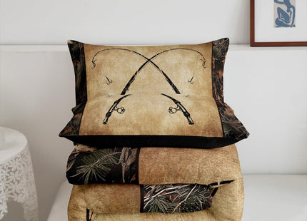 Erosebridal Rustic Fishing Toddler Comforter Set Gifts for Kids Boys Men Women,Retro Camo Fishing Rod Bedding Set Country Farmhouse Lake Cabin Quilt Bedding Sets Tree Branch Camouflage Bed Set 2 Pcs