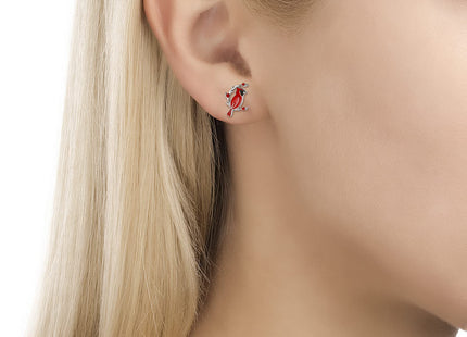 Sterling Silver Red Cardinal Earrings Memorial Studs Drop Earrings Jewelry Gift for Women (Branch Cardinal Studs Earrings)