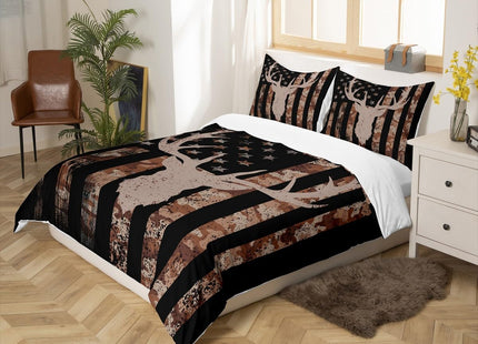Deer Antlers Kids Camo Duvet Cover Set Twin Size,American Flag Stripe Retro Bedding Set,Boys Adults Xmas/Cabin/Camper Decor,Animal Hunt Rustic Comforter Cover,Brown Farmhouse Quilt Cover,1 Pillowcase