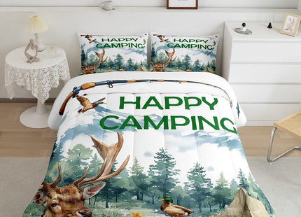 Erosebridal Happy Camping Comforter Set,RV Camper Toddler Bedding Set for Boys Girls Kids Bedroom Decor,Hunting Deer Fishing Bed Set Rustic Mallard Duck Bedding Comforter Sets,1 Pillowcase