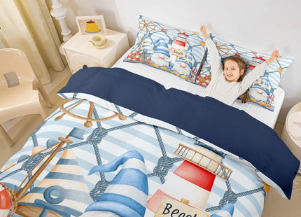 Ocean Nautical Bedding Set King Size Blue Sea Themed Xmas Gnome Duvet Cover for Boys Kids Girls Room Decor Cartoon Starfish Anchor Rudder Stripes Comforter Cover Rustic Farmhouse Quilt Cover 3pcs
