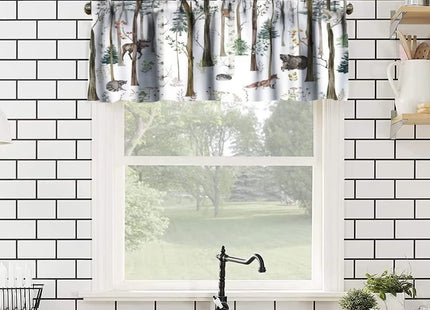 Rustic Forest Valance Curtain, Vintage Lodge Cabin Country Hunting Wild Animal Bear Moose Deer Fox Windows Curtain Valance for Kitchen Dining Room, One Panel 54x18in