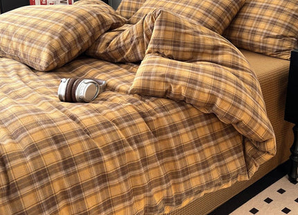 CCoutueChen Brown Gingham Comforter Set Full Size, Tan Plaid Checked Bedding Set, Cabin Lodge Ultra Soft Lightweight Comforter, 3 Pieces, 79 * 90