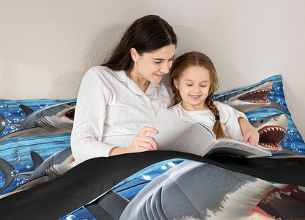 Erosebridal Kids Shark Comforter Set Full,3D Printed Shark Bedding Set Teens Funny Fish Quilt Set Blue Ocean Sealife Down Comforter,Wooden Stripes Bedroom Decor Children's Day Gifts for Boys