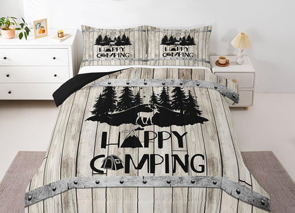 Rustic Farmhouse Quilt Set Twin Woodland Travel Camper Theme Bedding Set For Rv Bunks,Happy Camping Comforter Set For Kids Adults Wild Animal Deer Pine Tree Decor Duvet Insert 1 Pillow Case