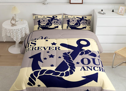 Nautical Bedding Sets Queen For Teen Boys Kids Navy Blue Anchor Comforter Set Retro Yellow and Grey Geometric Stripe Comforter Coastal Ocean Beach Quilts Bedding Summer Soft Lightweight Duvet 3 Pcs