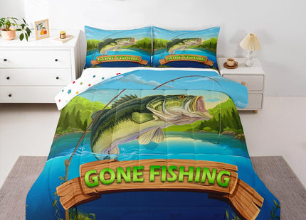 Castle Fairy Teens Lake Fishing Comforter Set Queen Size,Bass Fish Bedding Set for Kids Boys Girls Bedroom Decoration,Fish Rod Bed Duvet Insert,Hunting and Fishing Comforter with 2 Pillowcases