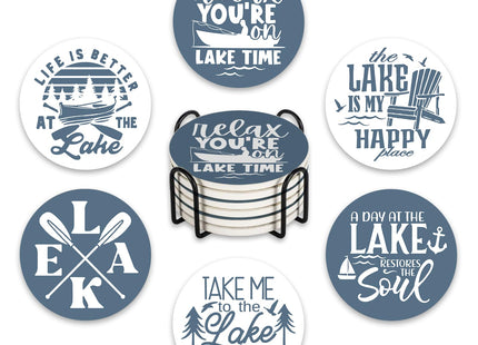 Paayna Blue Lake Life Ceramic Coasters with Holder Set of 6