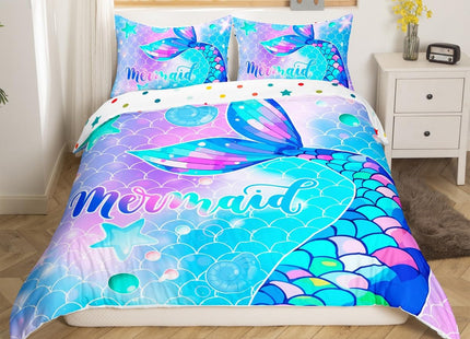 Erosebridal Mermaid Duvet Cover Kids Tail Bedding Set for Child, Blue Ocean Comforter Toddler Boys Nautical Fish Scale Bedspread Bedroom Decor Girls, 3 Pcs,King(No Insert)