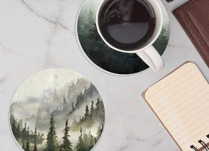 Whaline 6 Pcs Forest Coasters with Holder Misty Forest Ceramic Drink Coasters Absorbent Round Cup Mat Tabletop Protection for Home Kitchen Office Desk Coffee Table Decor