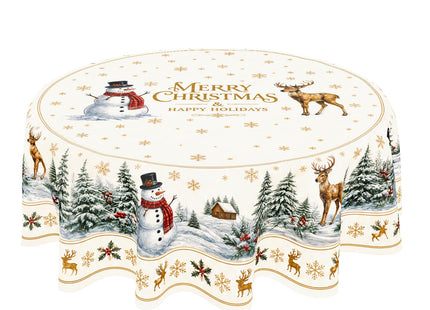 Merry Christmas Tablecloth Round 60 Inch Xmas Snowman Deer Pine Tree Table Cloth Circle Dust-Proof Washable Wipeable Winter Holiday Table Cover Polyester Tabletop for Dining Kitchen Picnic Party Decor