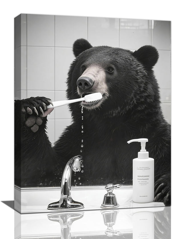 Crekviy Funny Black Bear Bathroom Decor Wall Art Bear Pictures Cute Animal Canvas Prints Painting Artwork Home Decorations Framed Gifts 12"x16"