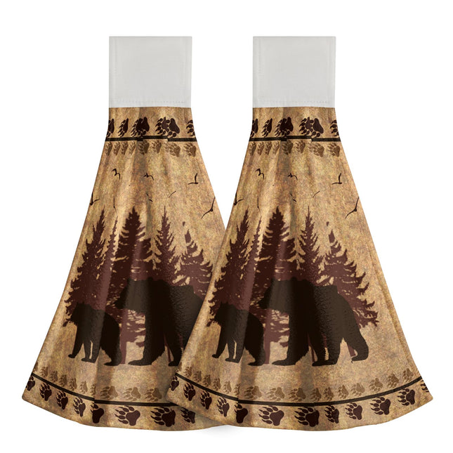 Giwawa Rustic Bear Kitchen Hanging Towel Set of 2 Vintage Forest Wildlife Paw Hand Towel with Loop & Hook Absorbent Dish Tea Bar Tie Towel Washcloth for Bathroom Laundry Room Cabin Lodge Decor