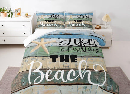 Castle Fairy Beach Life Comforter Set Twin Size Blue Green Rustic Farmhouse Bedding for Decor Starfish Cabin Wood Stripes Print Quilted Duvet Beach Camper Insert 2pcs(CYJS9694ZMD-BZ_USt)