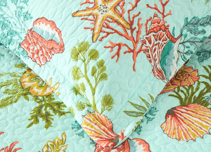 Autumn Dream Cotton Coastal Bedspread Quilt Sets Reversible Bedding Coverlet Sets Comforters, Fairytale Starfish Seashell Bedspread, Marine Green Ocean, King Size