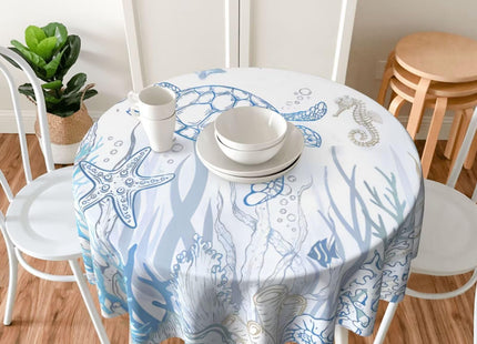 Jecuwo Nautical Coastal Round Tablecloth 60 Inch Turtle Coral Starfish Table Cover Seashell Ocean Beach Washable Decoration Tablecloth Indoor and Outdoor Dining Table Home Party Decor