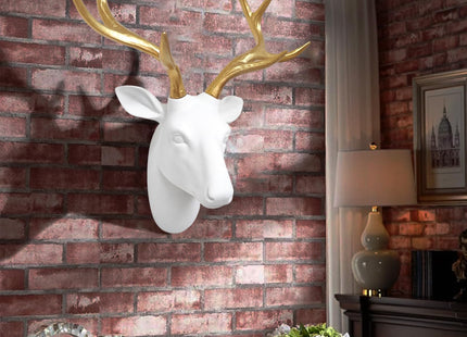 Faux Deer Head Wall Decor, White Fake Furry/Felt/Velvety Resin Deer Head With Gold Antlers for Home/Bar/Office, Size 16" x 12.5" x 7.5" By Smarten Arts