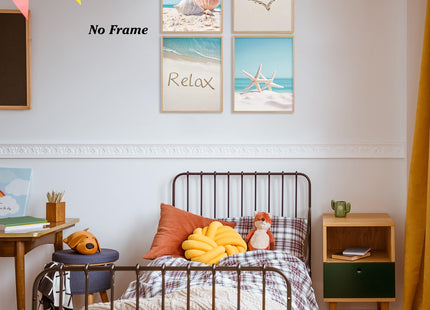 Boat Wades Beach Seashell Starfish Unframed Wall Art Prints,Coastal Posters & Prints For Living Room Home Decor,Blue Ocean Theme Posters Pictures 8x10 Set Of 4