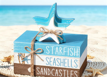Geelin 4 Pcs Summer Beach Tiered Tray Decor Wooden Book Stack Signs, Starfish Seashell Coastal Nautical Table Centerpiece for Shelf Coffee Bar Home Kitchen Beach House Decorations