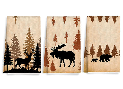 XFN 3 Pcs Wild Animal Deer Moose Bear Forest Camping Kitchen Towels
