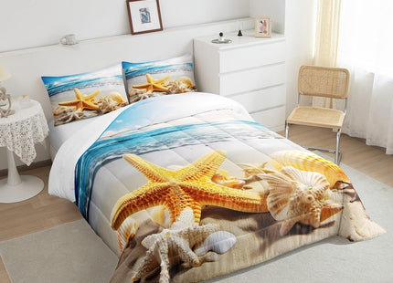 Erosebridal Coastal Beach Bedding Full Ocean Theme Comforter Set, Sea Marine Bedding Comforters & Sets Coastal Wildlife Duvet Sets, Kawaii Seashell Starfish Quilt Sets Blue Sky Decoratives 3 Pieces