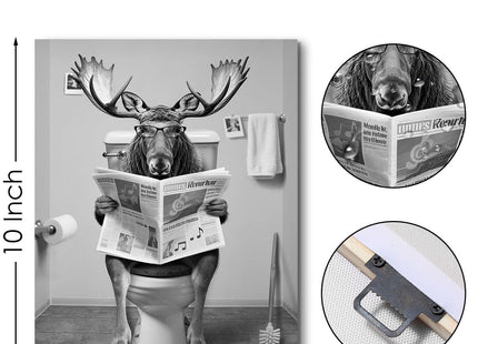 Funny Moose Sitting on Toilet Reading Newspaper Bathroom Wall Art, 8"x10"